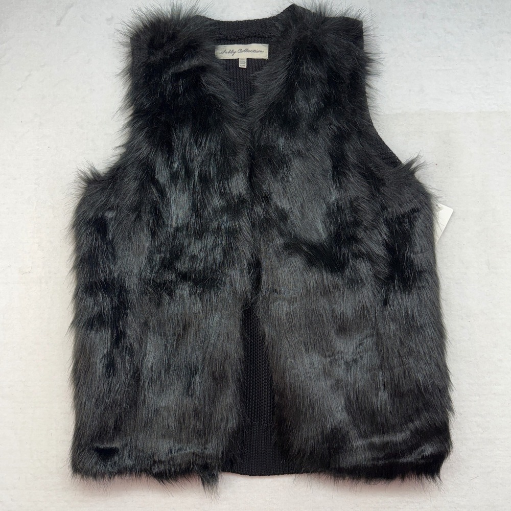Sebby‎ Collection Womens XL Faux Fur Vest Black Sleeveless Sweater Knit Back